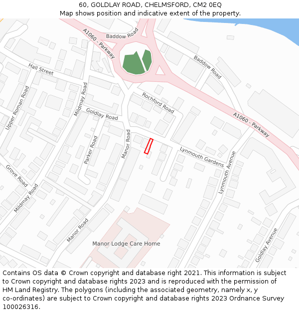 60, GOLDLAY ROAD, CHELMSFORD, CM2 0EQ: Location map and indicative extent of plot