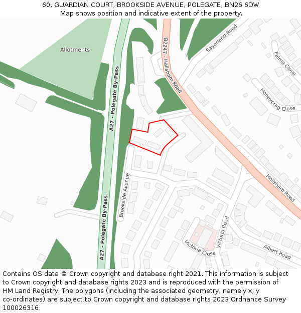 60, GUARDIAN COURT, BROOKSIDE AVENUE, POLEGATE, BN26 6DW: Location map and indicative extent of plot