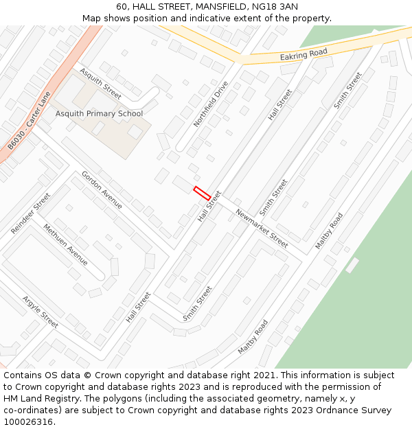 60, HALL STREET, MANSFIELD, NG18 3AN: Location map and indicative extent of plot