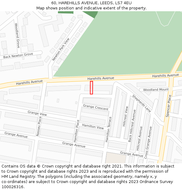 60, HAREHILLS AVENUE, LEEDS, LS7 4EU: Location map and indicative extent of plot