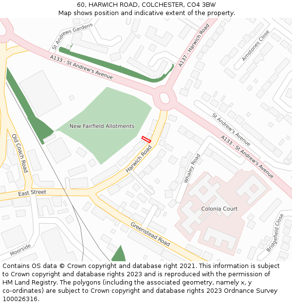 60, HARWICH ROAD, COLCHESTER, CO4 3BW: Location map and indicative extent of plot