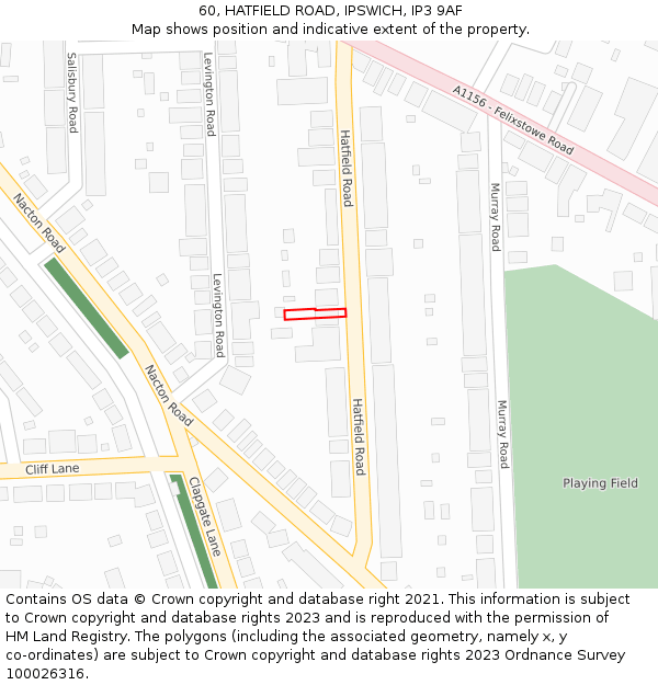 60, HATFIELD ROAD, IPSWICH, IP3 9AF: Location map and indicative extent of plot