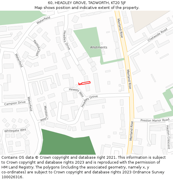 60, HEADLEY GROVE, TADWORTH, KT20 5JF: Location map and indicative extent of plot
