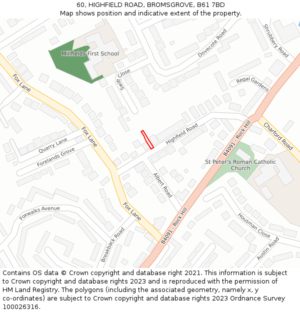 60, HIGHFIELD ROAD, BROMSGROVE, B61 7BD: Location map and indicative extent of plot