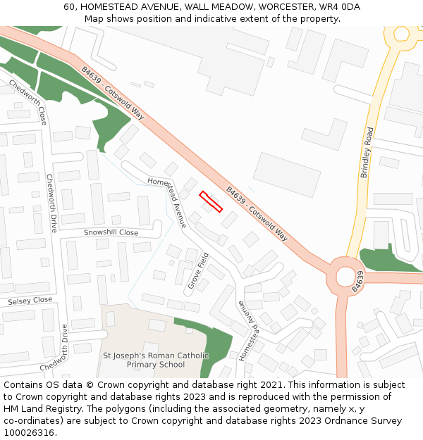 60, HOMESTEAD AVENUE, WALL MEADOW, WORCESTER, WR4 0DA: Location map and indicative extent of plot