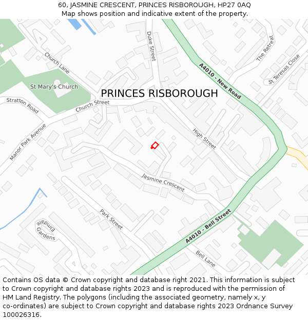60, JASMINE CRESCENT, PRINCES RISBOROUGH, HP27 0AQ: Location map and indicative extent of plot