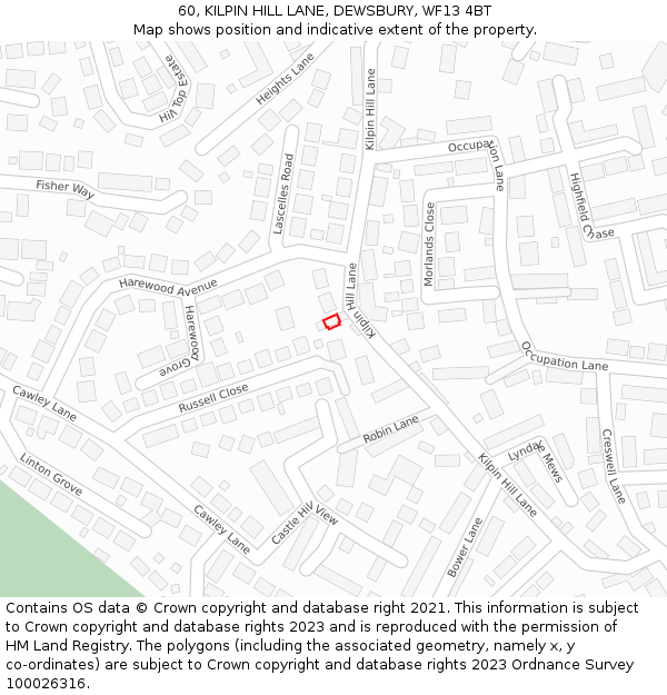 60, KILPIN HILL LANE, DEWSBURY, WF13 4BT: Location map and indicative extent of plot