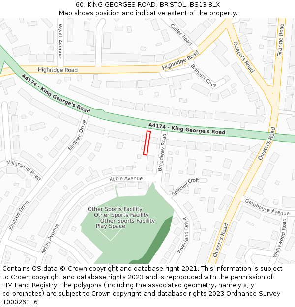 60, KING GEORGES ROAD, BRISTOL, BS13 8LX: Location map and indicative extent of plot