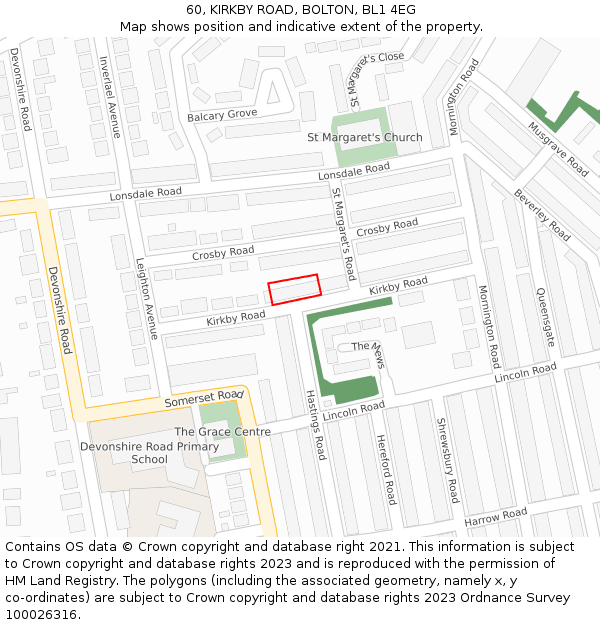 60, KIRKBY ROAD, BOLTON, BL1 4EG: Location map and indicative extent of plot