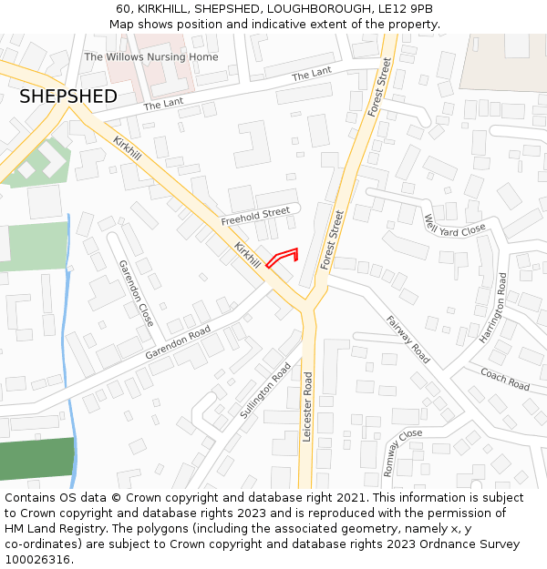60, KIRKHILL, SHEPSHED, LOUGHBOROUGH, LE12 9PB: Location map and indicative extent of plot