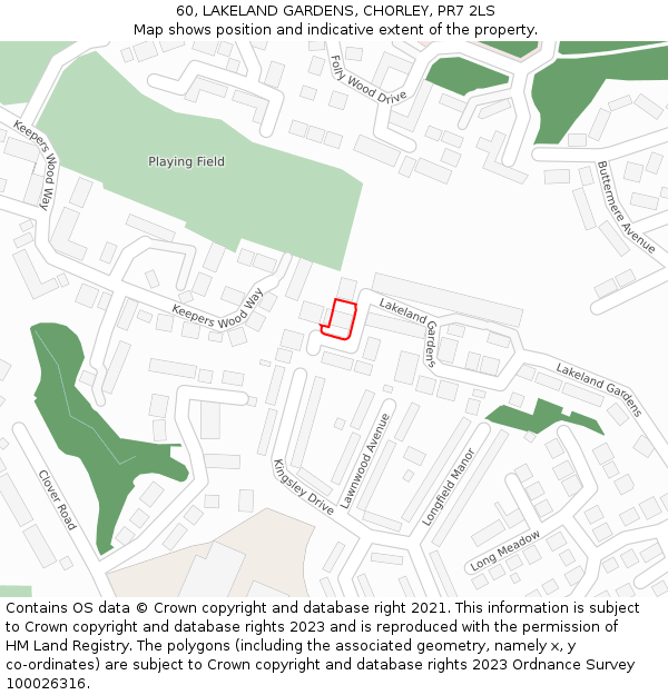 60, LAKELAND GARDENS, CHORLEY, PR7 2LS: Location map and indicative extent of plot