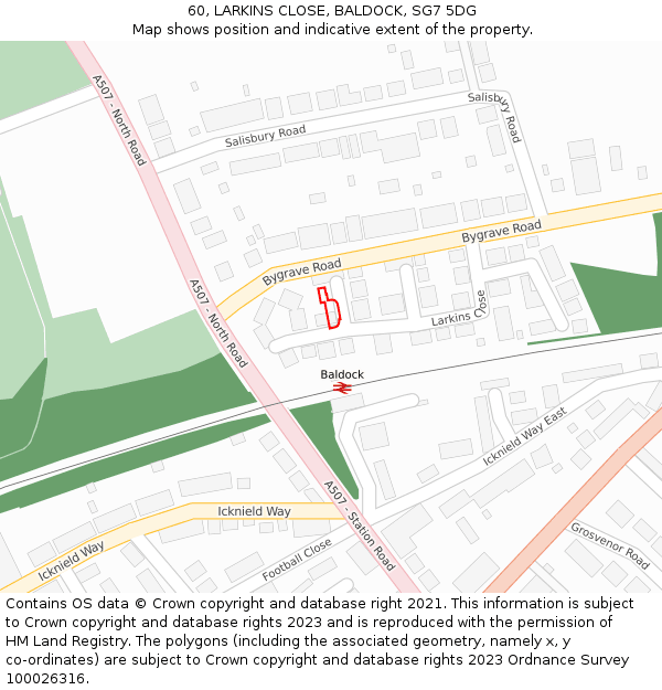 60, LARKINS CLOSE, BALDOCK, SG7 5DG: Location map and indicative extent of plot
