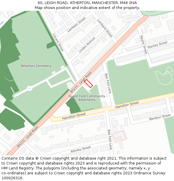 60, LEIGH ROAD, ATHERTON, MANCHESTER, M46 0NA: Location map and indicative extent of plot