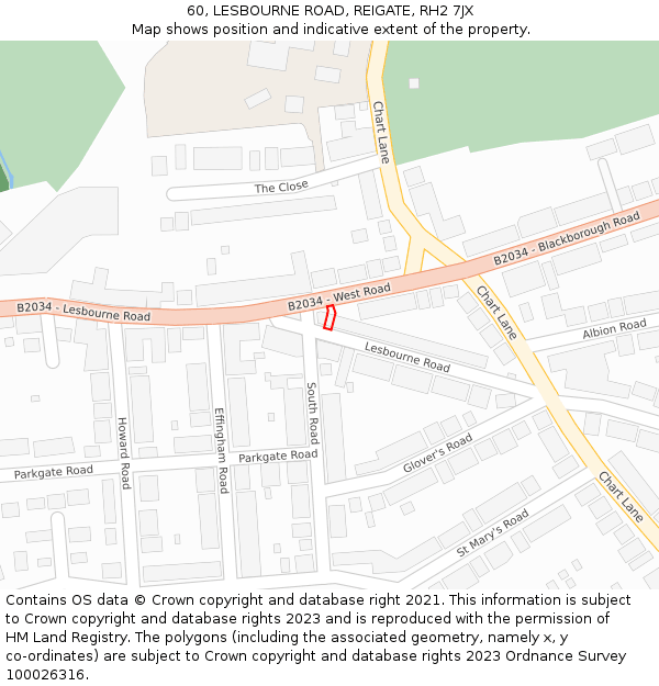 60, LESBOURNE ROAD, REIGATE, RH2 7JX: Location map and indicative extent of plot