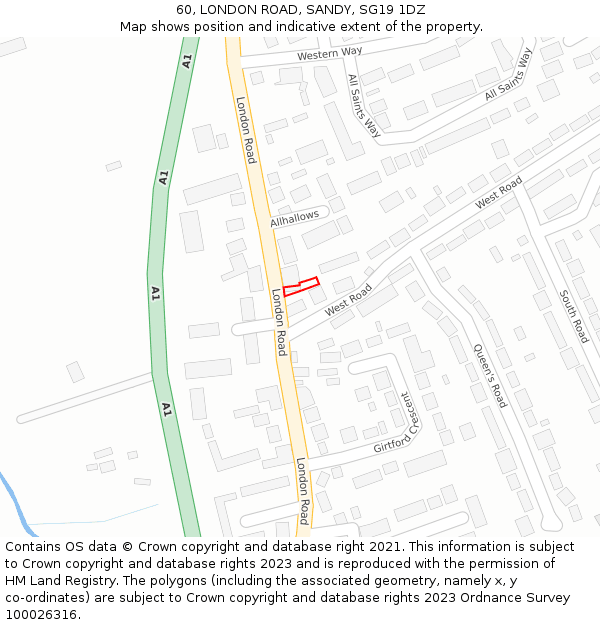 60, LONDON ROAD, SANDY, SG19 1DZ: Location map and indicative extent of plot