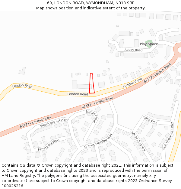 60, LONDON ROAD, WYMONDHAM, NR18 9BP: Location map and indicative extent of plot
