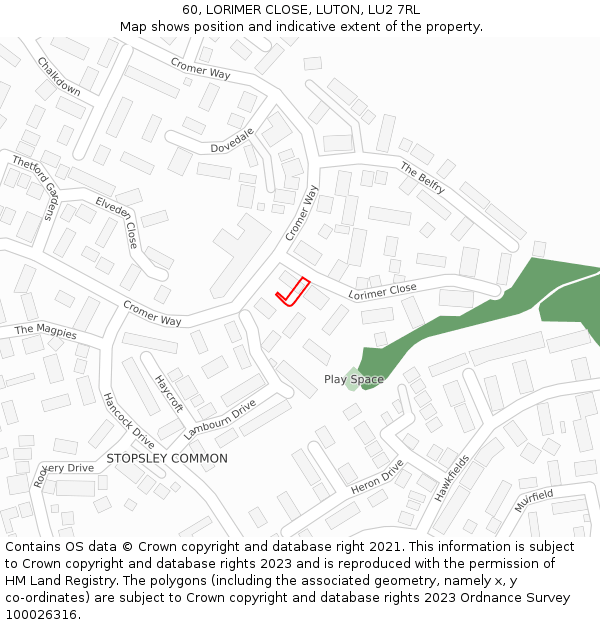 60, LORIMER CLOSE, LUTON, LU2 7RL: Location map and indicative extent of plot