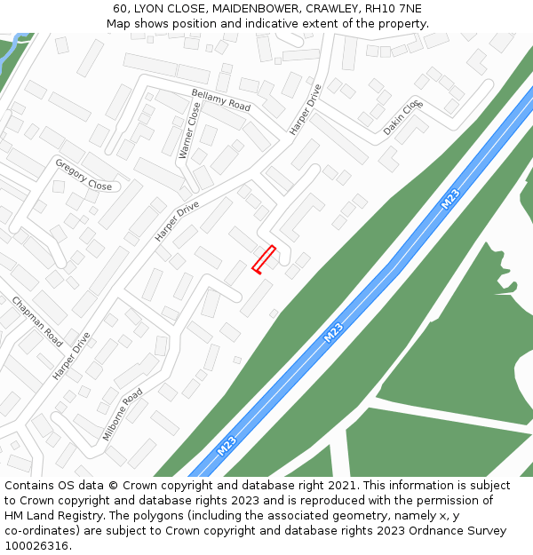 60, LYON CLOSE, MAIDENBOWER, CRAWLEY, RH10 7NE: Location map and indicative extent of plot