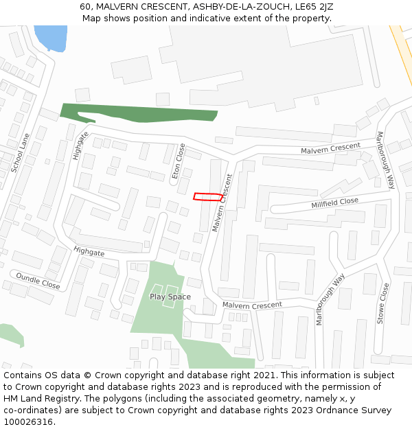 60, MALVERN CRESCENT, ASHBY-DE-LA-ZOUCH, LE65 2JZ: Location map and indicative extent of plot