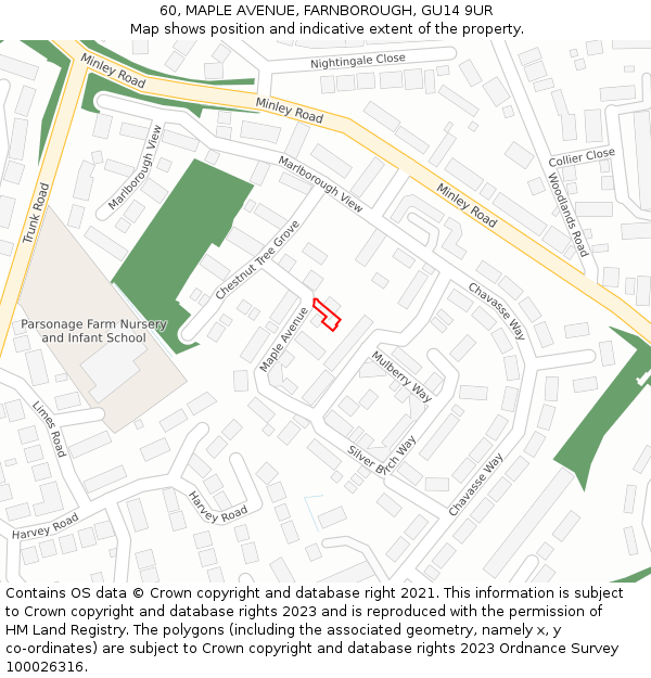 60, MAPLE AVENUE, FARNBOROUGH, GU14 9UR: Location map and indicative extent of plot