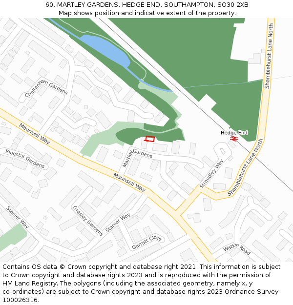 60, MARTLEY GARDENS, HEDGE END, SOUTHAMPTON, SO30 2XB: Location map and indicative extent of plot
