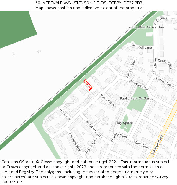60, MEREVALE WAY, STENSON FIELDS, DERBY, DE24 3BR: Location map and indicative extent of plot