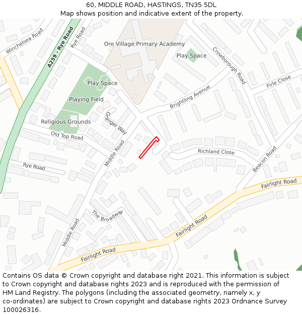60, MIDDLE ROAD, HASTINGS, TN35 5DL: Location map and indicative extent of plot