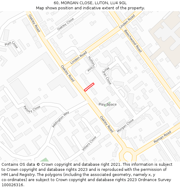 60, MORGAN CLOSE, LUTON, LU4 9GL: Location map and indicative extent of plot