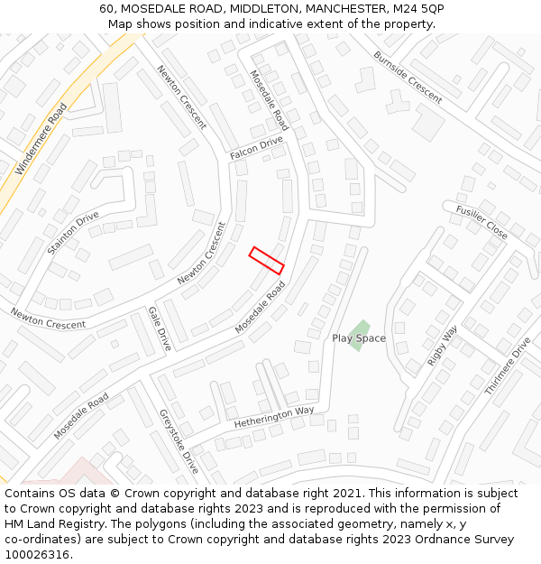 60, MOSEDALE ROAD, MIDDLETON, MANCHESTER, M24 5QP: Location map and indicative extent of plot
