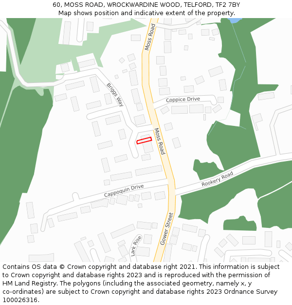 60, MOSS ROAD, WROCKWARDINE WOOD, TELFORD, TF2 7BY: Location map and indicative extent of plot