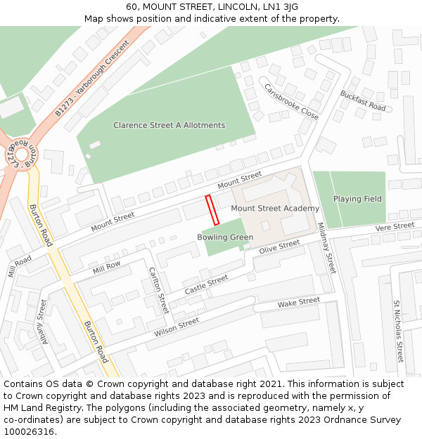 60, MOUNT STREET, LINCOLN, LN1 3JG: Location map and indicative extent of plot