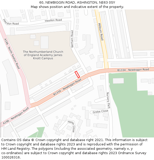 60, NEWBIGGIN ROAD, ASHINGTON, NE63 0SY: Location map and indicative extent of plot