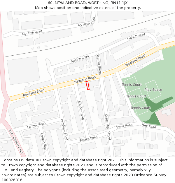 60, NEWLAND ROAD, WORTHING, BN11 1JX: Location map and indicative extent of plot