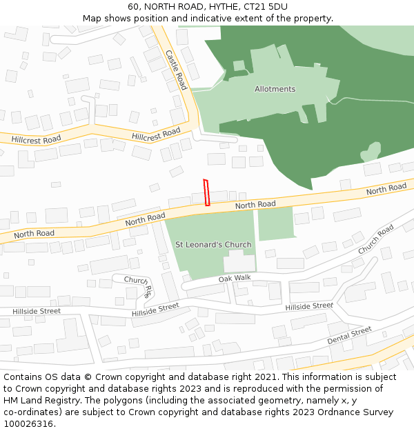 60, NORTH ROAD, HYTHE, CT21 5DU: Location map and indicative extent of plot