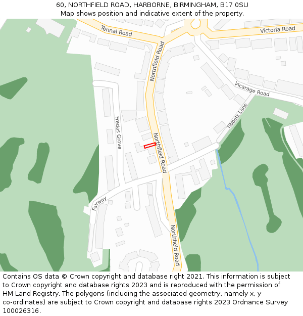 60, NORTHFIELD ROAD, HARBORNE, BIRMINGHAM, B17 0SU: Location map and indicative extent of plot