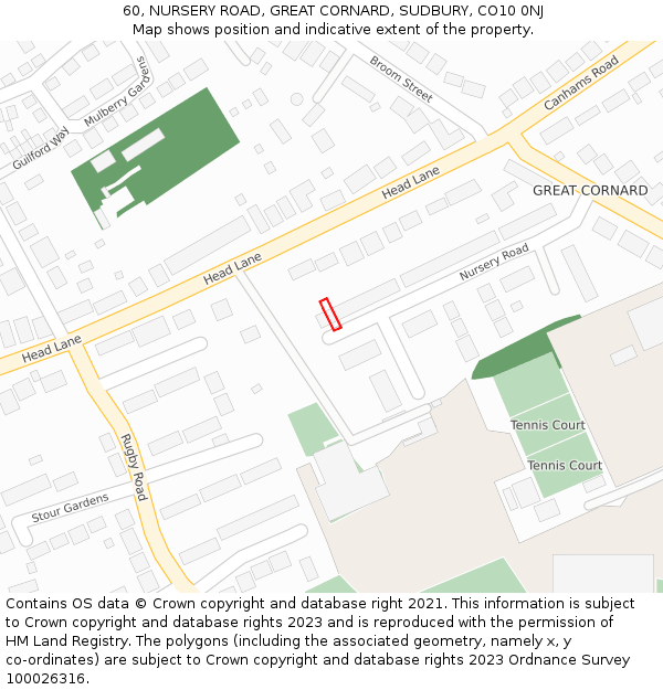 60, NURSERY ROAD, GREAT CORNARD, SUDBURY, CO10 0NJ: Location map and indicative extent of plot