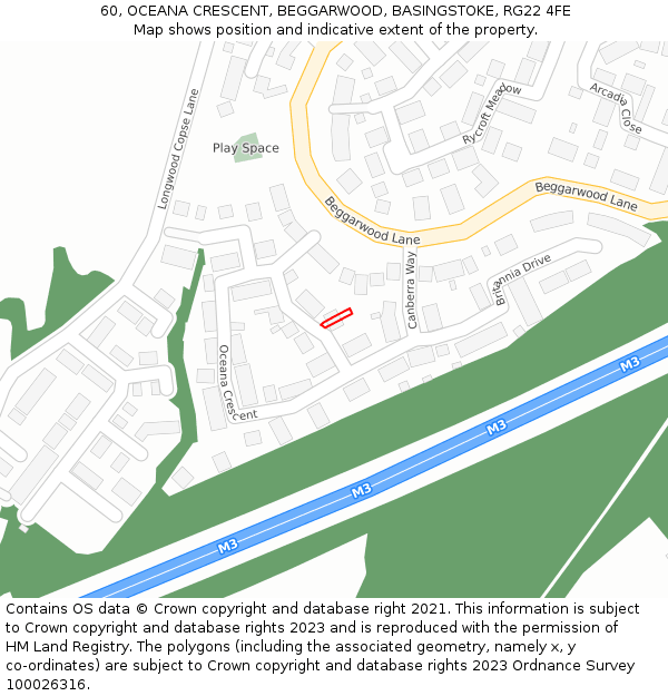 60, OCEANA CRESCENT, BEGGARWOOD, BASINGSTOKE, RG22 4FE: Location map and indicative extent of plot