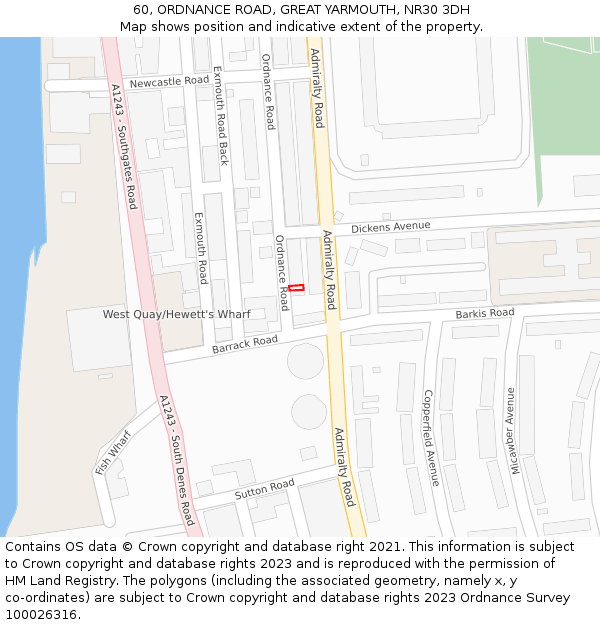 60, ORDNANCE ROAD, GREAT YARMOUTH, NR30 3DH: Location map and indicative extent of plot