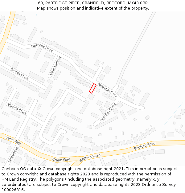 60, PARTRIDGE PIECE, CRANFIELD, BEDFORD, MK43 0BP: Location map and indicative extent of plot