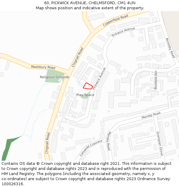 60, PICKWICK AVENUE, CHELMSFORD, CM1 4UN: Location map and indicative extent of plot