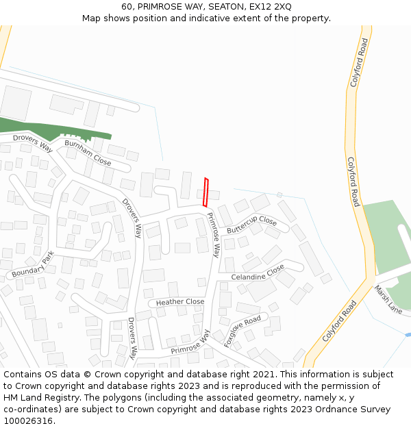 60, PRIMROSE WAY, SEATON, EX12 2XQ: Location map and indicative extent of plot