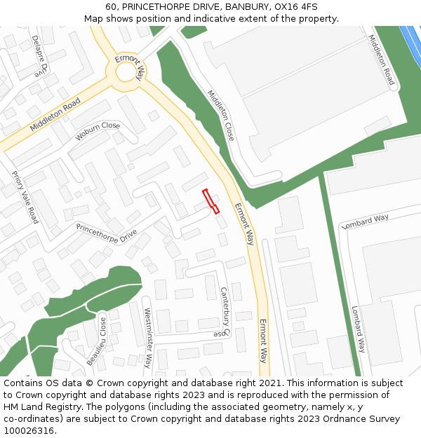 60, PRINCETHORPE DRIVE, BANBURY, OX16 4FS: Location map and indicative extent of plot