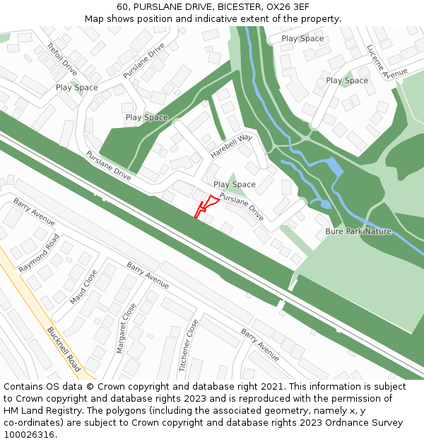 60, PURSLANE DRIVE, BICESTER, OX26 3EF: Location map and indicative extent of plot