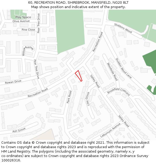 60, RECREATION ROAD, SHIREBROOK, MANSFIELD, NG20 8LT: Location map and indicative extent of plot