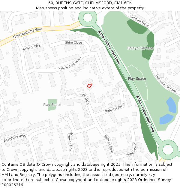 60, RUBENS GATE, CHELMSFORD, CM1 6GN: Location map and indicative extent of plot