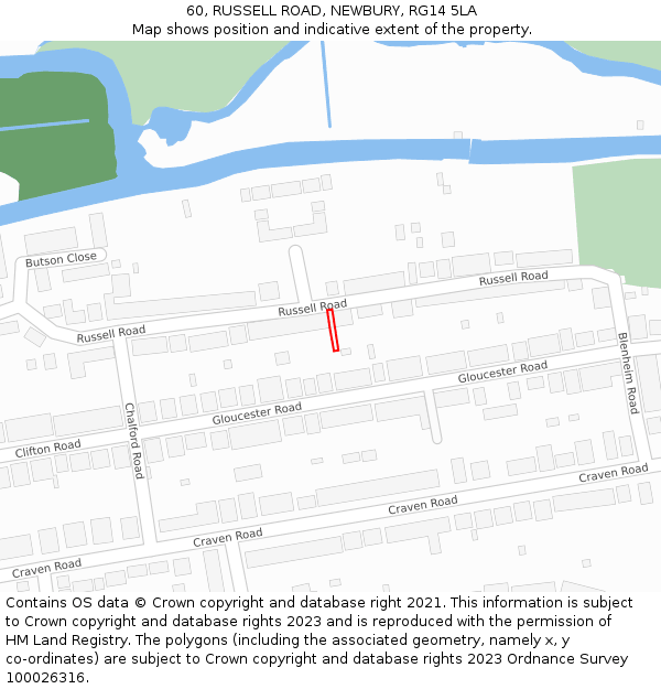 60, RUSSELL ROAD, NEWBURY, RG14 5LA: Location map and indicative extent of plot