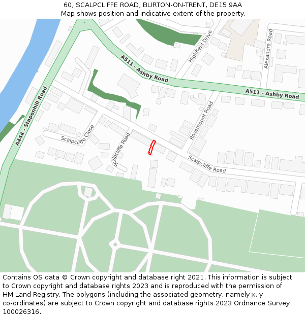 60, SCALPCLIFFE ROAD, BURTON-ON-TRENT, DE15 9AA: Location map and indicative extent of plot