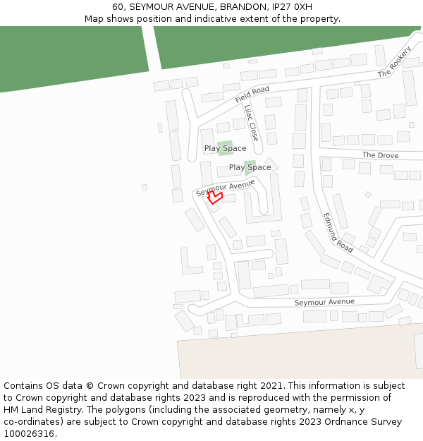 60, SEYMOUR AVENUE, BRANDON, IP27 0XH: Location map and indicative extent of plot
