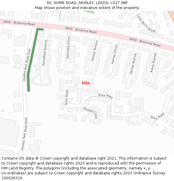 60, SHIRE ROAD, MORLEY, LEEDS, LS27 0BF: Location map and indicative extent of plot