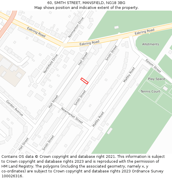 60, SMITH STREET, MANSFIELD, NG18 3BG: Location map and indicative extent of plot